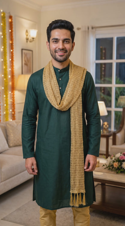 Men’s Green Silk kurta with golden stole (L to 2XL)