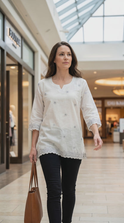 Women’s off-white cotton top with light grey kantha work in XXL