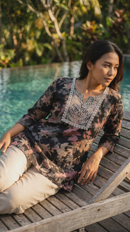 Women's Black printed with white thread embroidery in S