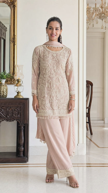 Women’s pale mauve georgette kurta Set with bead work in S & M
