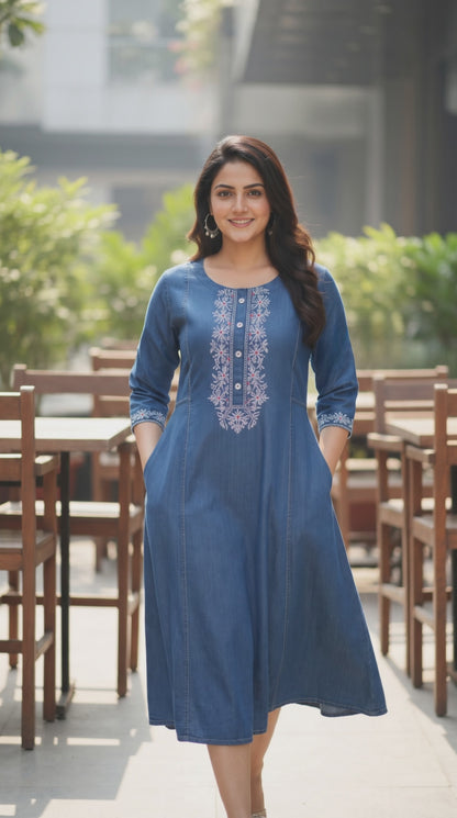 Women's Denim Aline dress with embroidery on neckline in S & L