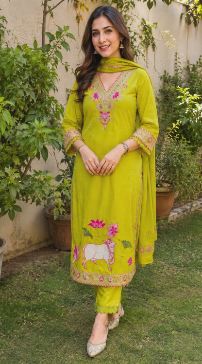 Women’s Green cotton pichwai embroidered kurta set in XL