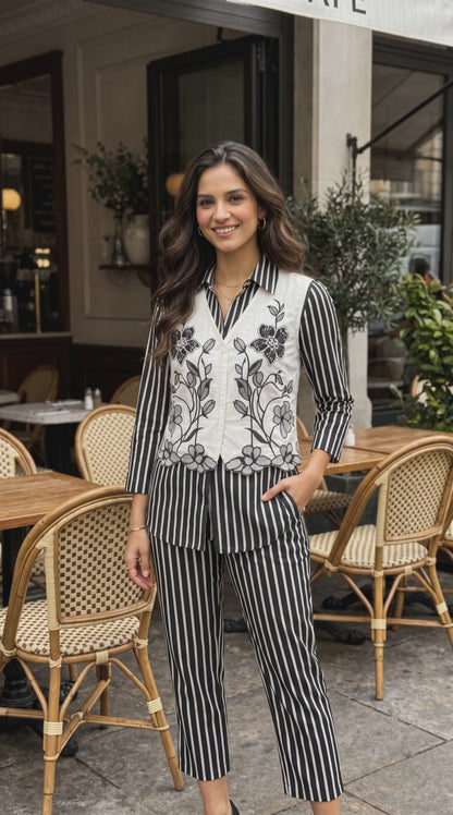 Women's Black & White Striped Cotton Coord Set with Embroidered Jacket (S, M, XL)