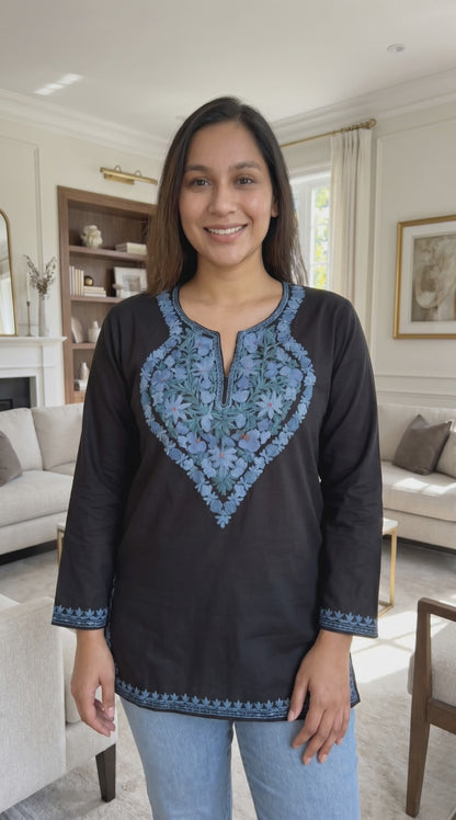 Women's black color blouse in ruby cotton with kashmiri aari work in shades of blue in S