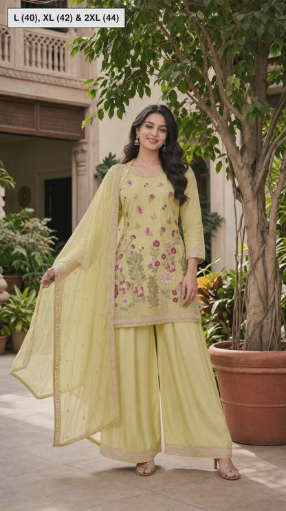 Women's Embroidered chinon palazzo sets in pastel shades (L, XL, 2XL)