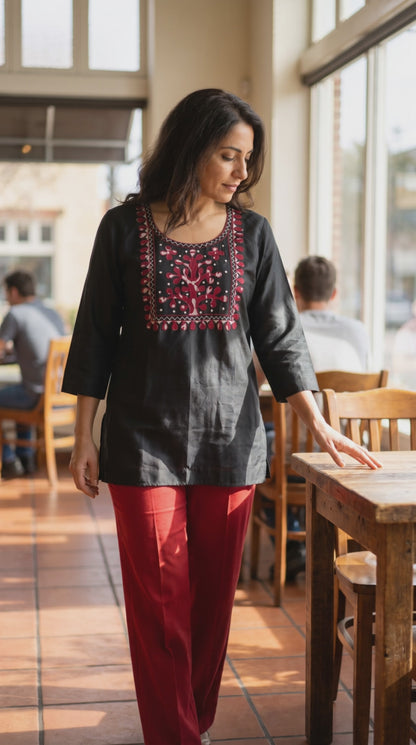 Women's black color blouse with applique work in 2XL