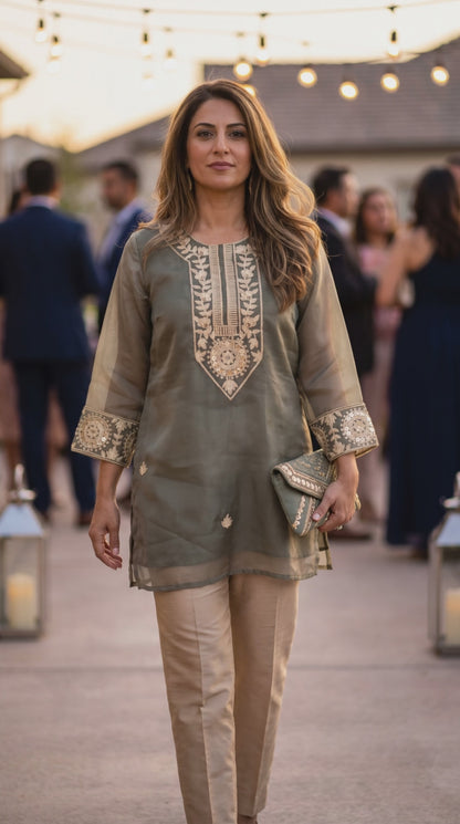 Women's greenish grey glass organza blouse in M