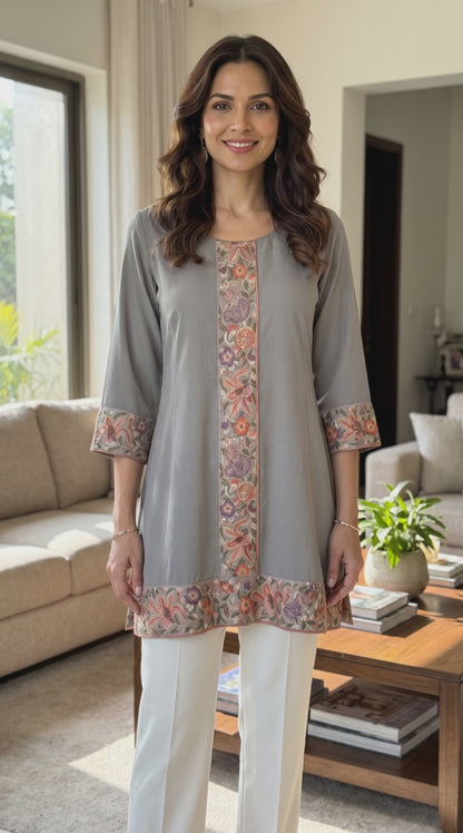 Women's Light Grey Crepe Tunic with Floral Embroidery patch in M & L