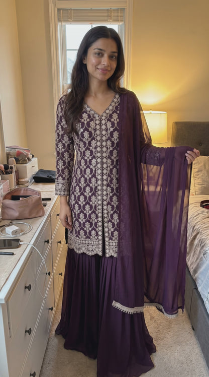 Women's Deep Wine Embroidered Georgette Palazzo Set with Stole in M