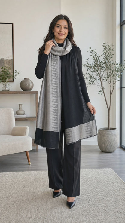 Women's zari shimmer reversible ikkat shawl - Black, Grey with Silver