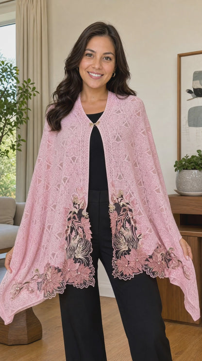 Women's knitted cape shawls with flower cutwork and pearls