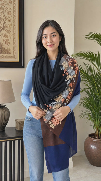 Women's pashmina stole with nalki embroidery black & navy