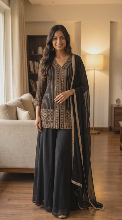 Women's Black Georgette Embroidered Palazzo Set with Stole in S & L