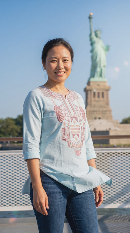 Women's Light Blue cotton top with embroidery and foil mirror work in L