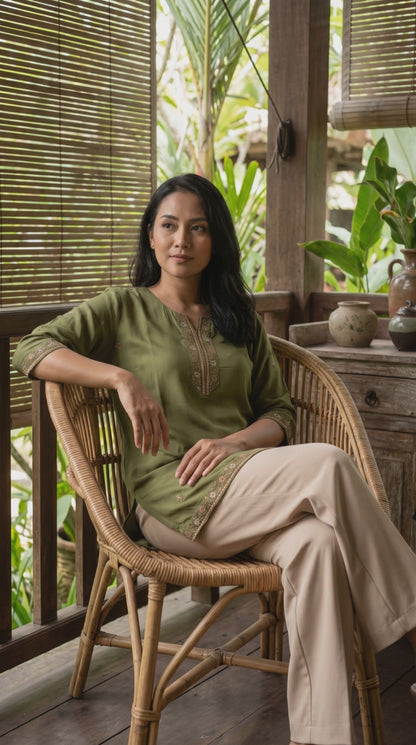 Women's Olive green muslin silk with neck embroidery in XS
