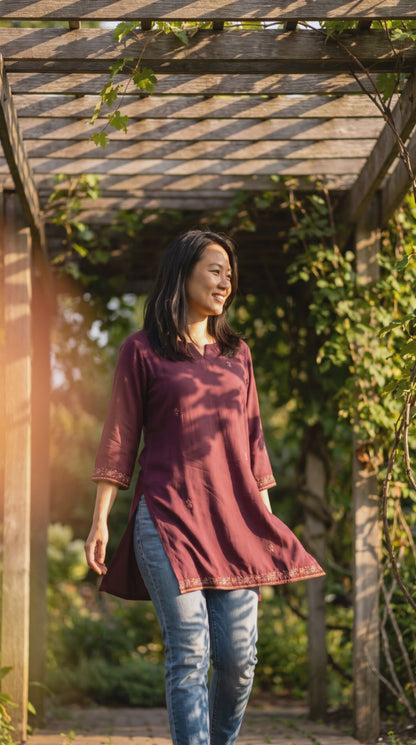 Women's Wine muslin silk top with embroidery in XS
