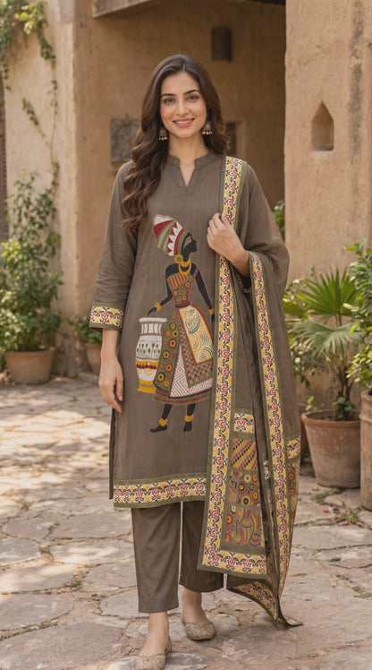 Women's Brown Cotton Weaving Work Kurta Set in L