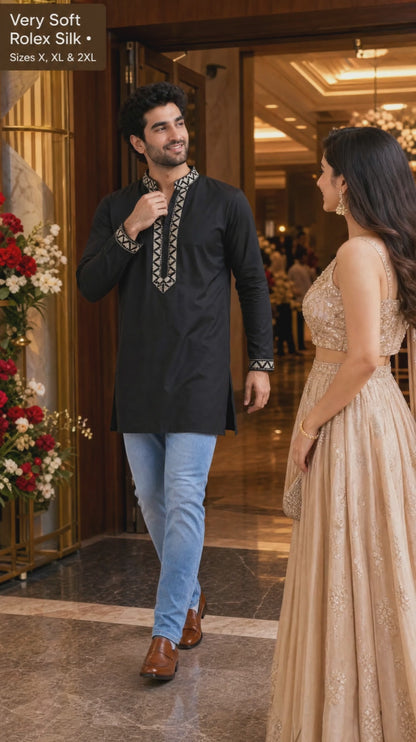 Men’s Rolex silk Kurta with silver embroidery in L to 2XL