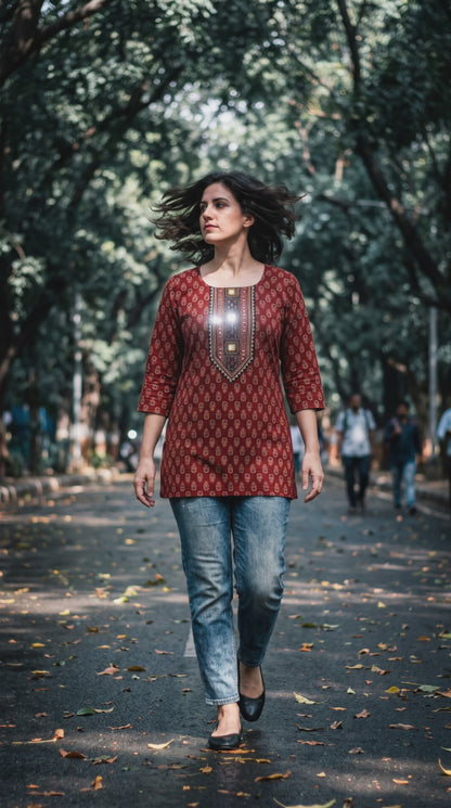Women's maroon color cotton blouse with mirror work in S
