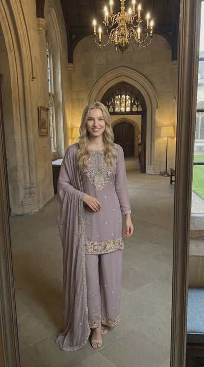 Women's Mauve color chinon pallazo set in L & XL