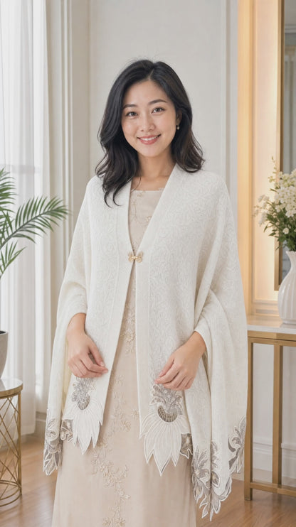 Women's knitted shawl with appliqué floral borders