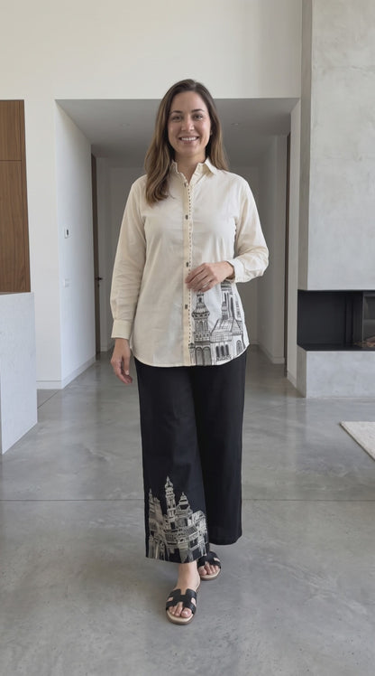 Women's cream & black cityscape embroidered co-ord set in L