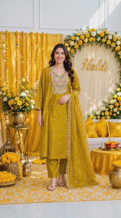 Women’s Mustard Muslin Silk Kurta Set in XL