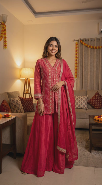Women's Tomato Red Shimmer Silk Pallazo Set in M, XL & 2XL