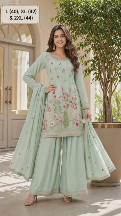 Women's Embroidered chinon palazzo sets in pastel shades (L, XL, 2XL)