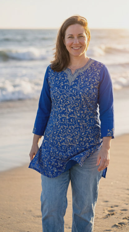 Women's Ink Blue crushed cotton top with Kashmiri aari work in 2XL