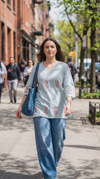 Women's Sky Blue muslin silk top with vertical embroidery design in XS