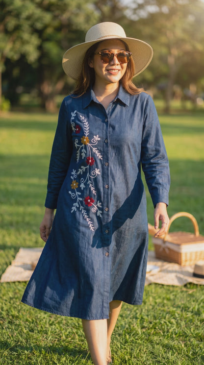 Women’s denim floral Embroidered A-Line shirt dress in M
