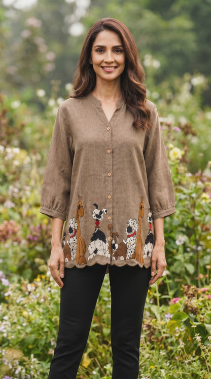 Women’s Brown linen cartoon embroidered top in L & XL