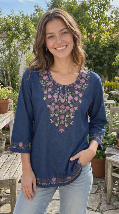 Women's Floral Embroidered Soft Denim Top with Pockets (L, XL, 2XL)