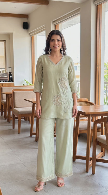 Women's Mint green mul chanderi silk coord set in XL