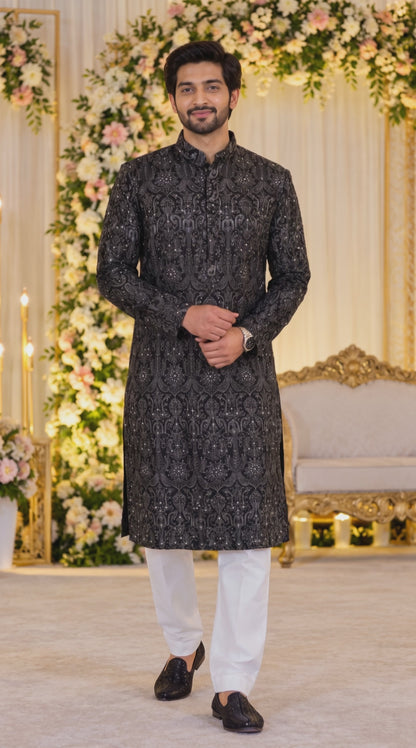 Men’s Black  & White Tussar Silk Embroidered Kurta Set in 2XL