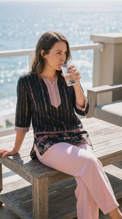 Women's Black linen with pink glazed patch neckline in XS