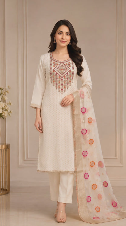 Women’s Ivory Organza Jacquard Embroidered Kurta Set in L